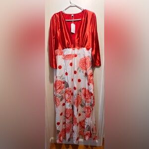 Source Unknown Red and White Floral Formal Dress